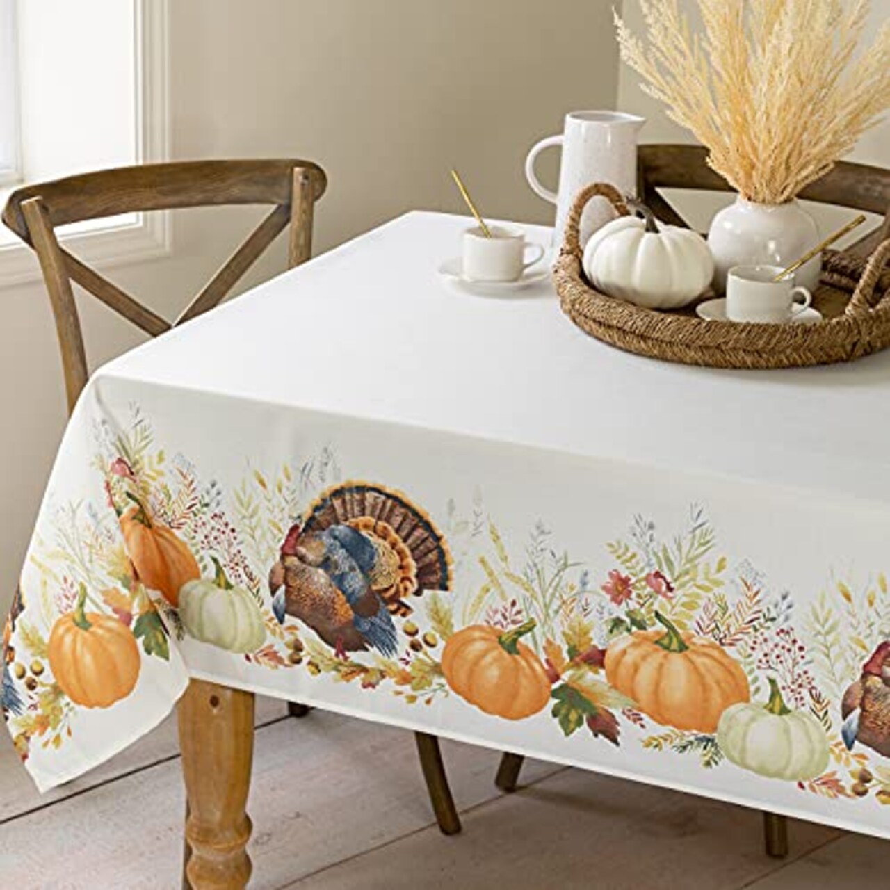 Autumn Printed Fabric Table Cloth, Fall, Harvest and Thanksgiving Tablecloth (Thankful Turkey, 60" X 104" Rectangular)